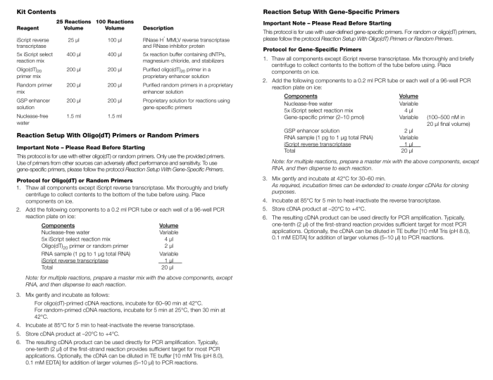 Iscript cdna synthesis kit protocol