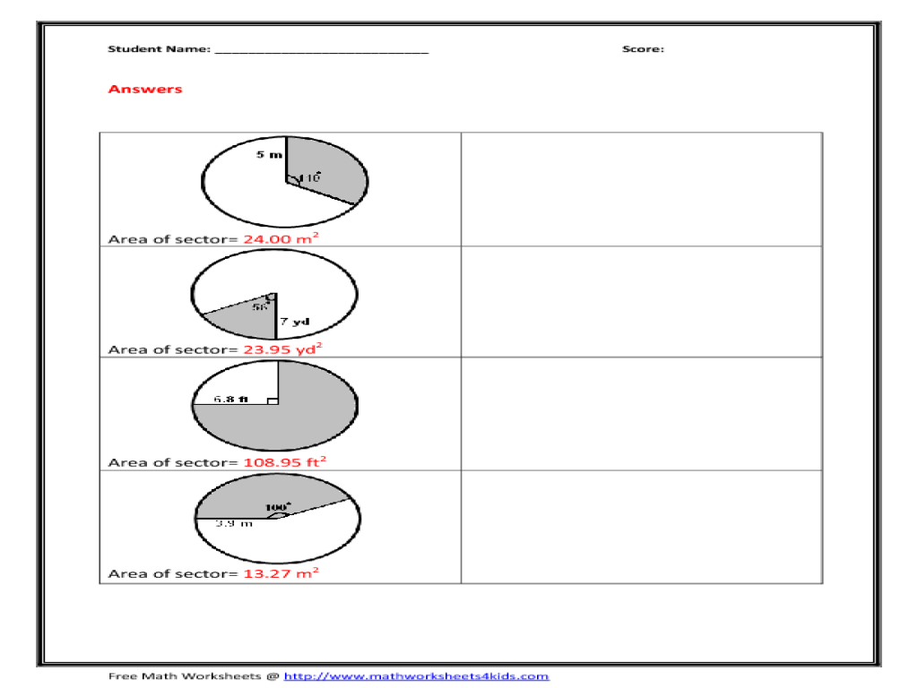 Arc length area of sector worksheet